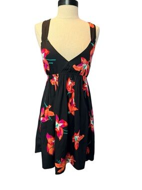 Roxy Black Floral Sundress Medium Tropical Print Empire Waist Mini beachy summer